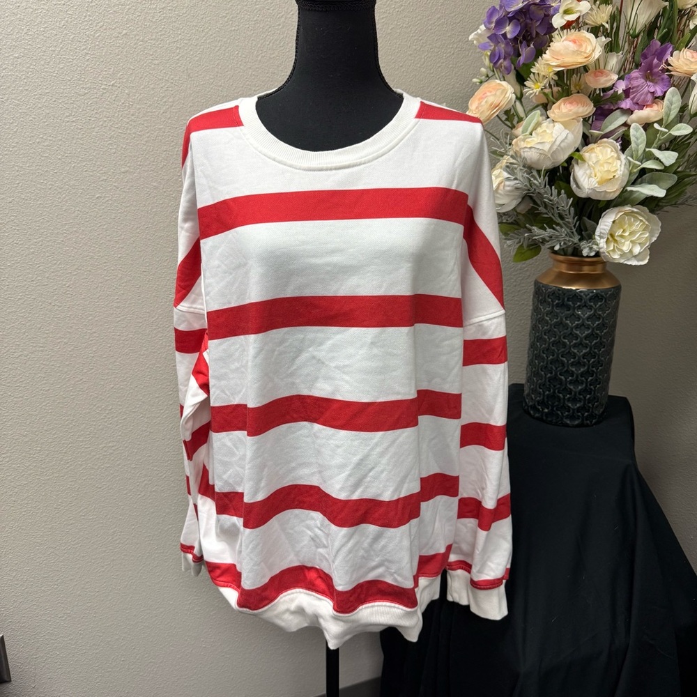 Red White Striped Crewneck Pullover Sweatshirt 3XL Plus Size Casual Cozy